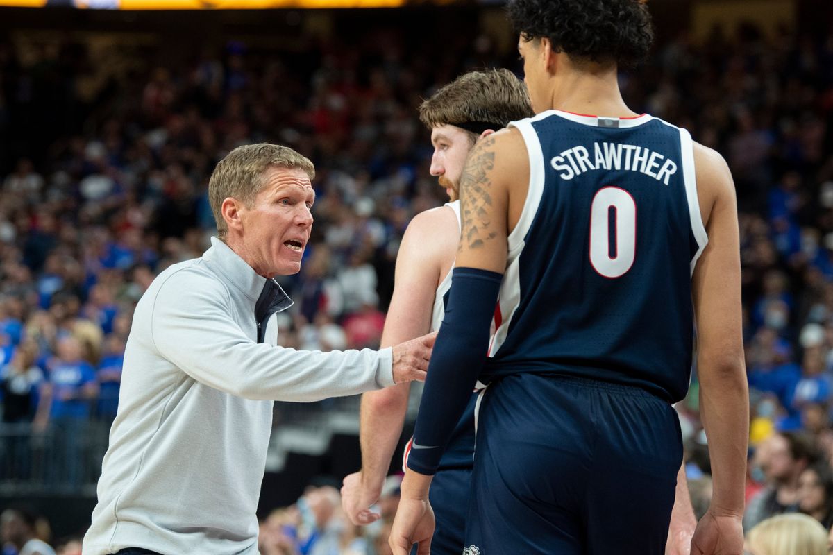 Gonzaga coach Mark Few talks to forward Drew Timme and wing Julian Strawther late in the Zags’ loss to Duke last November in Las Vegas. Gonzaga and Duke could square off next month in Portland. (JESSE TINSLEY/The Spokesman-Review)