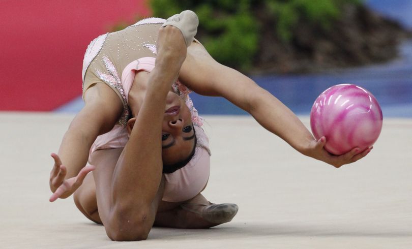 Chile's Cristina Bello competes in the rhythmic gymnastics event at the South American Games in Medellin, Colombia, Sunday, March 28, 2010. (Fernando Vergara / Associated Press)