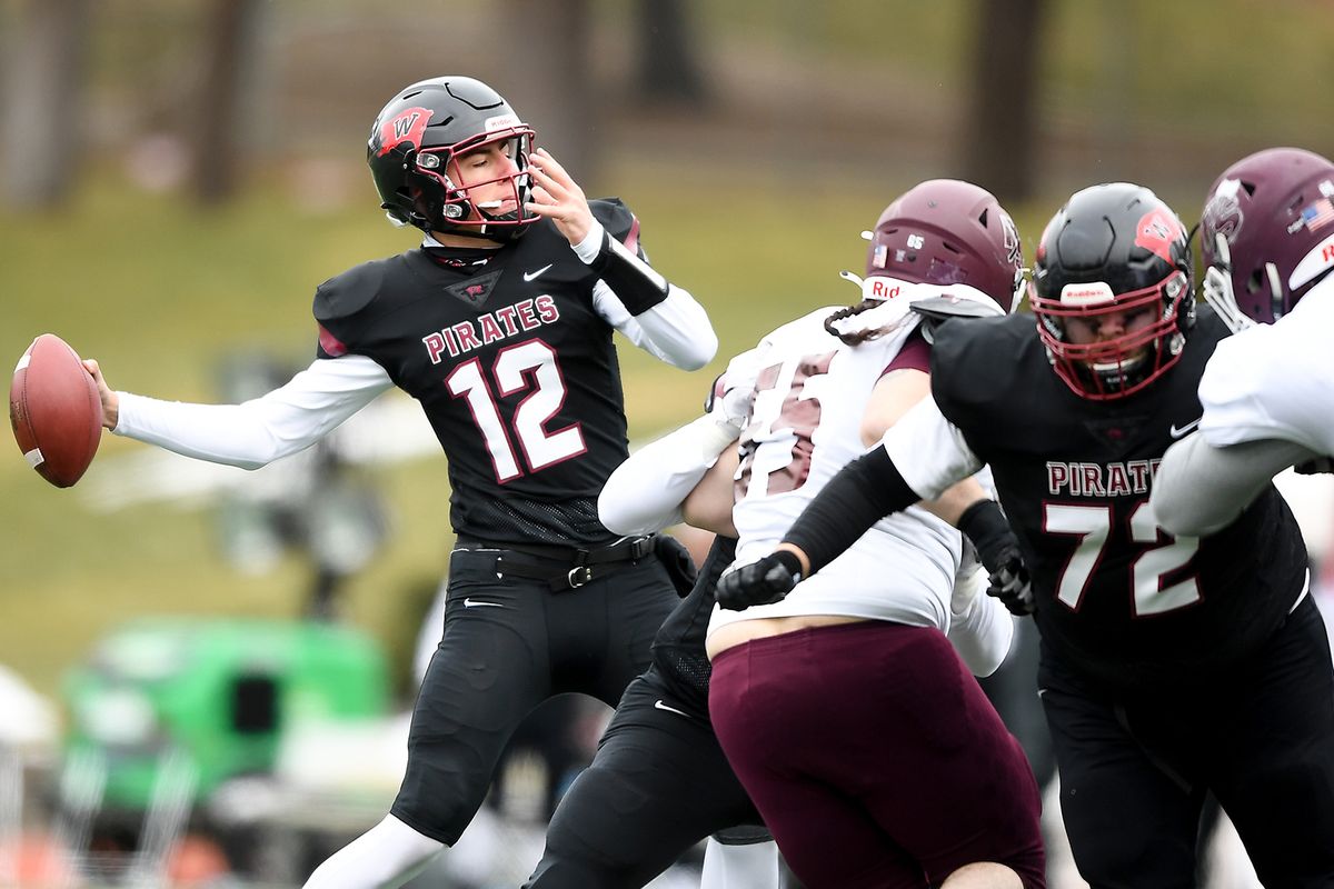 Whitworth quarterback Jaedyn Prewitt (12) throws against Puget Sound during the first half of a college football game on Saturday, February 13, 2021, at Whitworth