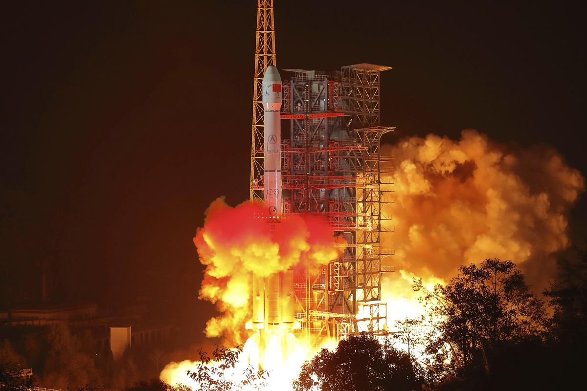 In this photo released by Xinhua News Agency, the Chang’e 4 lunar probe launches from the the Xichang Satellite Launch Center in southwest China’s Sichuan Province, Saturday, Dec. 8, 2018. China launched a ground-breaking mission Saturday to soft-land a spacecraft on the largely unexplored far side of the moon, demonstrating its growing ambitions as a space power to rival Russia, the European Union and U.S. (Jiang Hongjing / Associated Press)