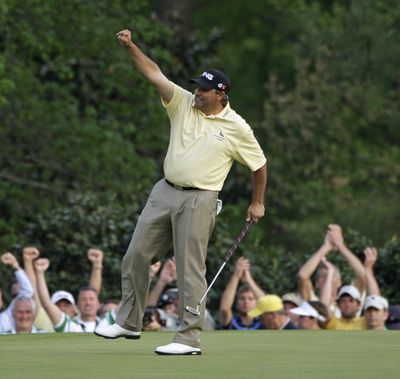 Angel Cabrera celebrates after sinking his winning putt. (Associated Press / The Spokesman-Review)