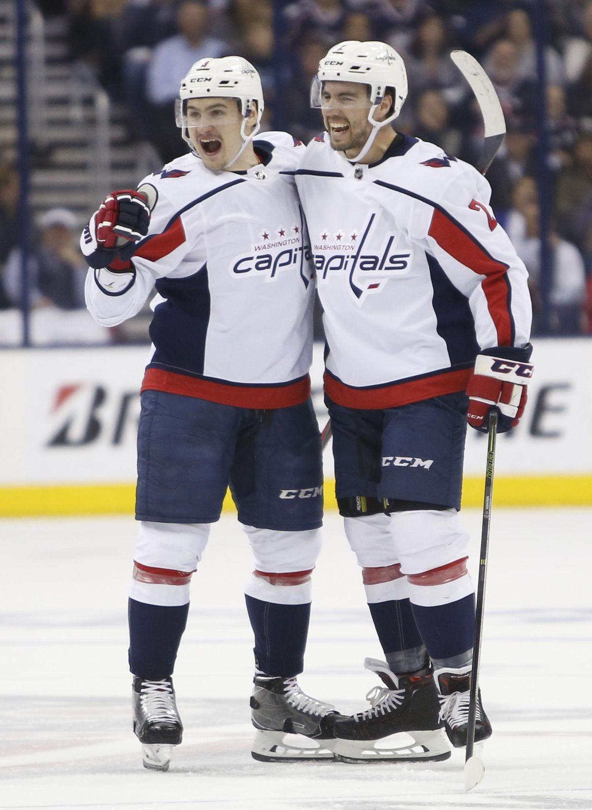 Washington Capitals’ Dmitry Orlov, left, of Russia, celebrates his goal against the Columbus Blue Jackets with teammate Matt Niskanen during the first period of Game 6 of an NHL first-round hockey playoff series Monday, April 23, 2018, in Columbus, Ohio. (Jay LaPrete / Associated Press)
