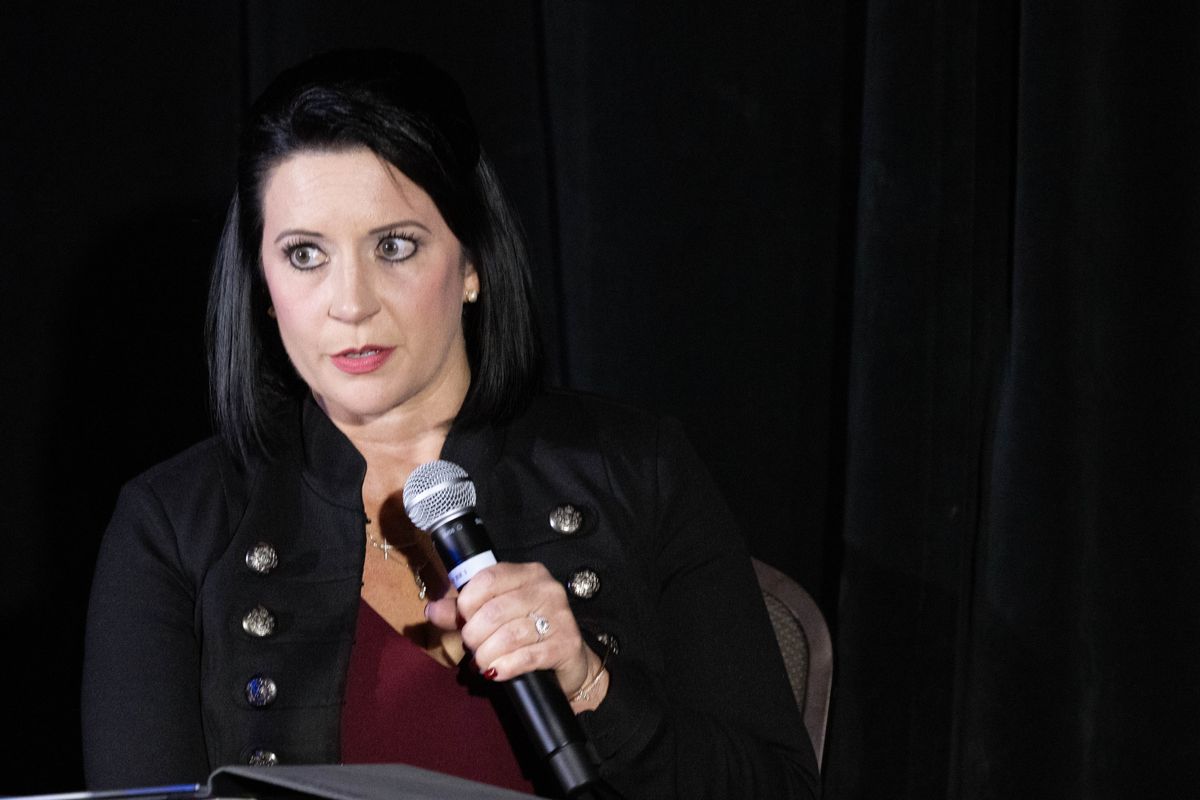 Spokane Valley City Council Position 2 candidate Jessica Yaeger speaks during a debate in 2023 at the Mirabeau Park Hotel & Convention Center. (Colin Mulvany/The Spokesman-Review)
