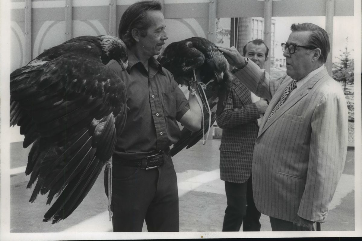 Sen. Warren G. Magnuson, right, on July 2, 1974 presented a pair of Golden Eagles to Expo