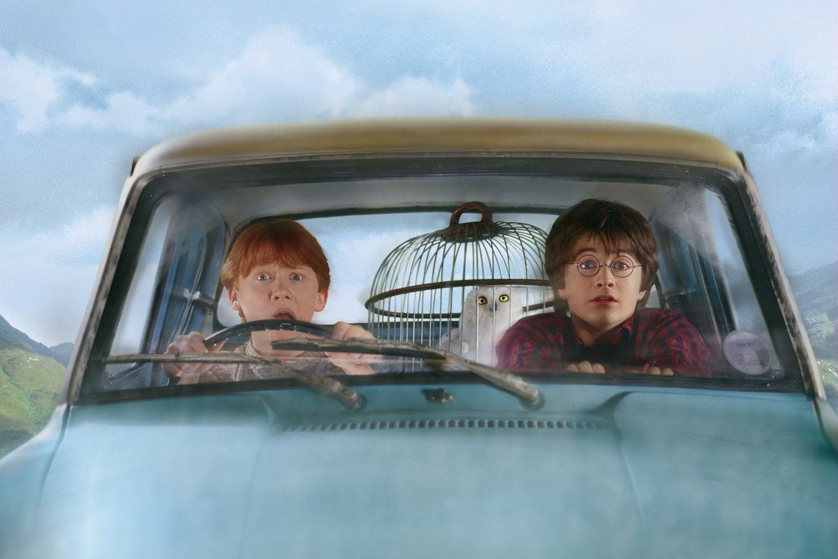 Do you know the model of the flying car Ron (Rupert Grint) and Harry (Daniel Radcliffe) used to get to Hogwarts in “Harry Potter and the Chamber of Secrets”? Answer: Ford Anglia. (Warner Bros.)