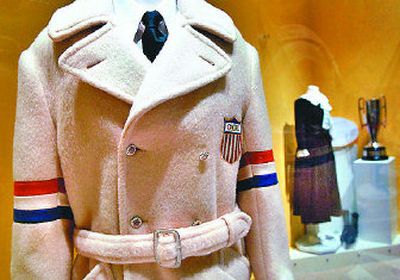 
Dick Button's 1948 Olympic Team jacket, left, and a replica of Theresa Weld Blanchard's costume from the 1914 U.S. National Championships are in the 