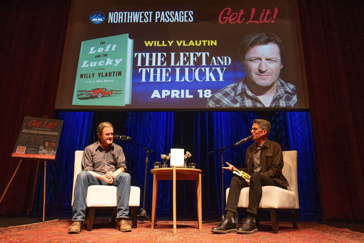 During Saturday’s keynote event of Get Lit! Festival, author Willy Vlautin, left, speaks about his latest novel, “The Left and the Lucky,” with author Jess Walter on Saturday at The Bing Crosby Theater in Spokane. (Colin Mulvany/The Spokesman-Review)