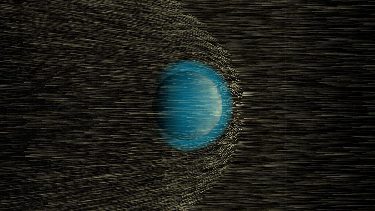 Solar wind, moving from left to right, hits Mars