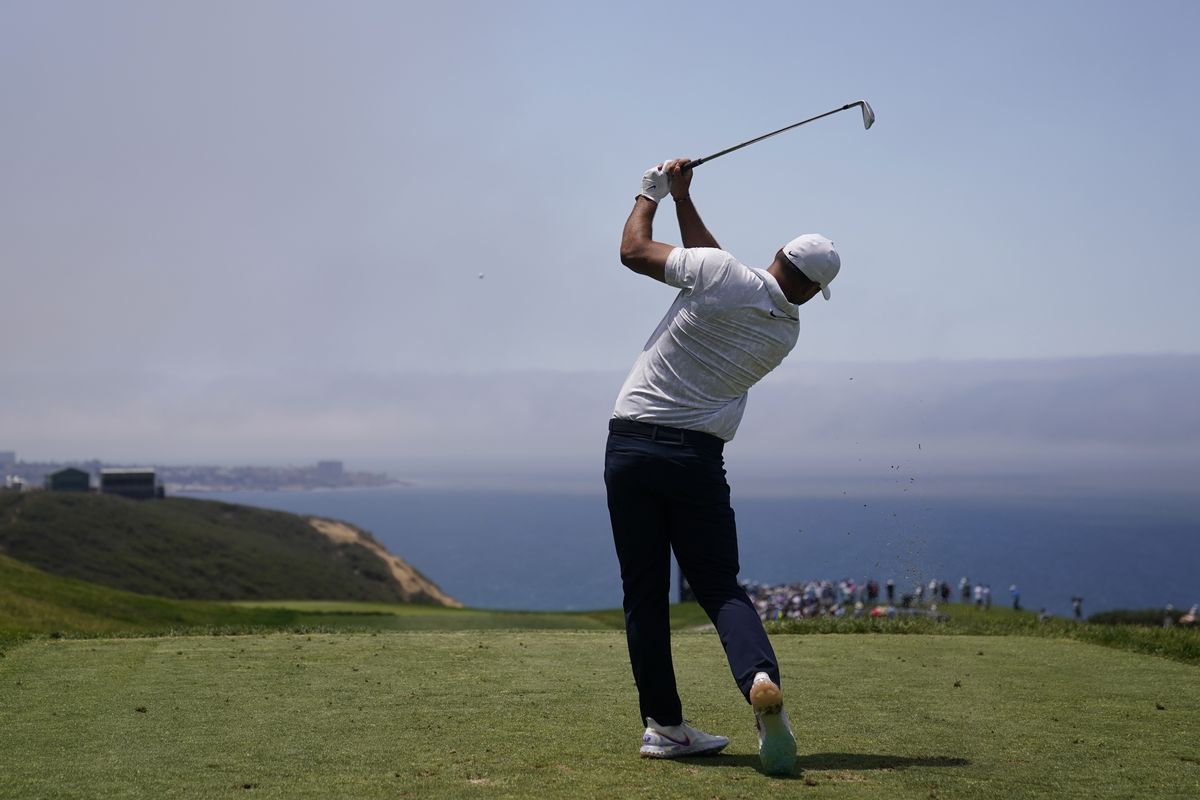 Brooks Koepka plays his shot from the third tee during the first round of the U.S. Open Golf Championship, Thursday, June 17, 2021, at Torrey Pines Golf Course in San Diego.  (Associated Press)