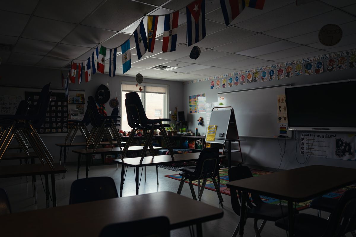An empty classroom on Feb. 4 at a public charter school in Richfield, Minn., outside Minneapolis. As American women have fewer babies each year, the number of young children in the United States is dwindling. The trend is now catching up to the nation’s public school districts.  (BEN BREWER)