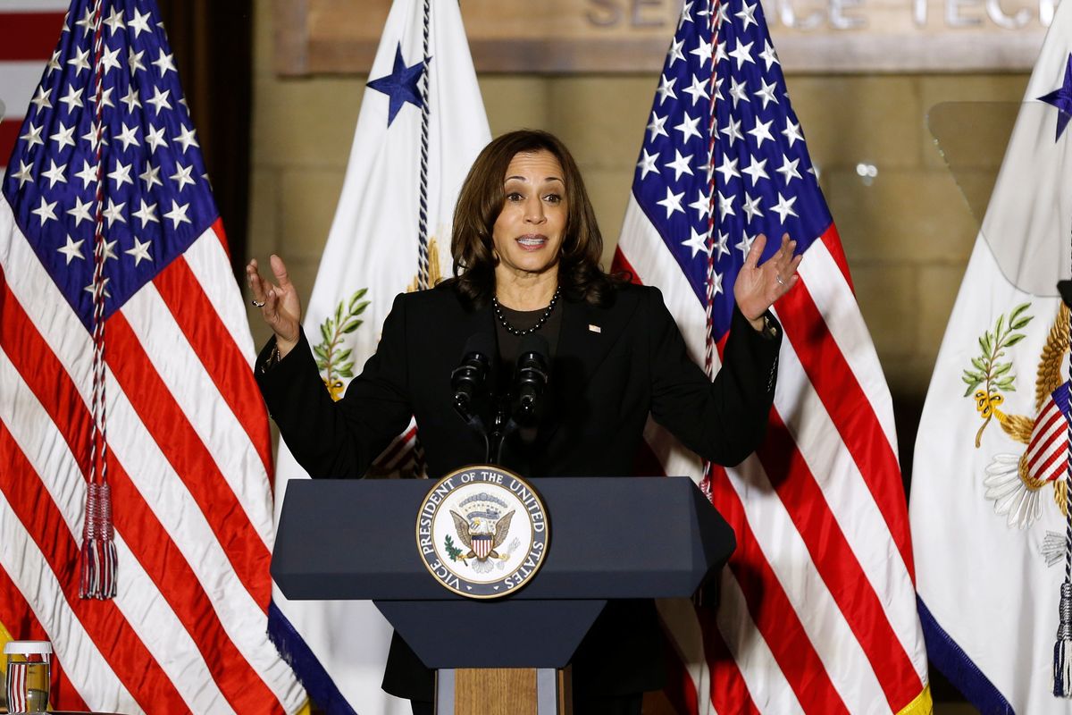 Vice President Kamala Harris speaks Friday about the recently signed infrastructure law will benefit Ohioans after touring the Plumbers and Pipefitters Union Local 189 in Columbus, Ohio.  (Jay LaPrete)