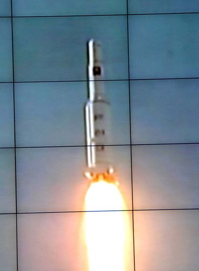 In this monitor screen image taken by the Korean Central News Agency and distributed in Tokyo by the Korea News Service, the Unha-3 rocket lifts off from a launch site on the west coast, in the village of Tongchang-ri, about 56 kilometers (35 miles) from the Chinese border city of Dandong, North Korea, Wednesday, Dec. 12, 2012. North Korea successfully fired a long-range rocket on Wednesday. (Kcna Via Kns)