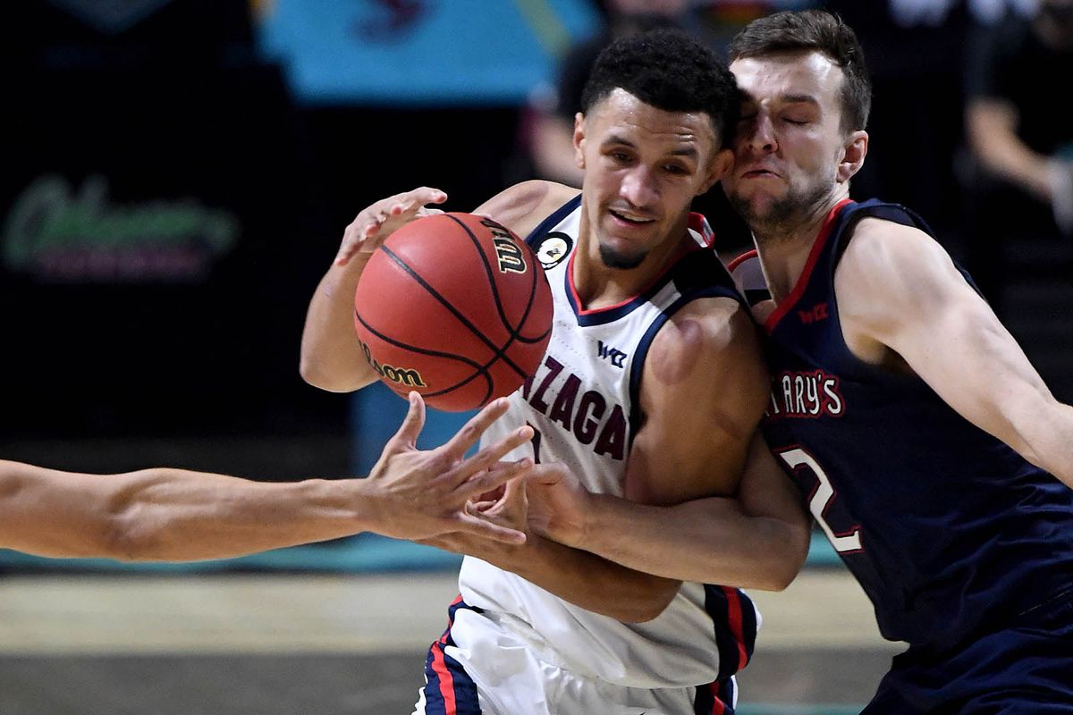 Gonzaga guard Jalen Suggs (1) is fouled by St. Mary