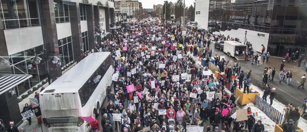 Spokane Falls Boulevard was filled with people participating in the Women’s March in Spokane, Jan. 21, 2107. (Dan Pelle / The Spokesman-Review)