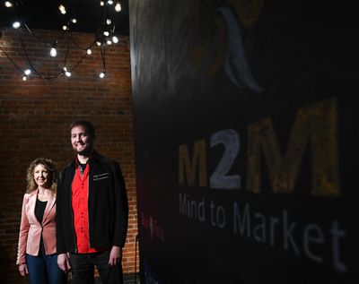 Amanda Hepper and Joe Gellaty are the founders of Medcurity, a health care IT company. They’re shown here on Thursday, Nov. 29, 2018, at Startup Spokane offices. (Tyler Tjomsland / The Spokesman-Review)