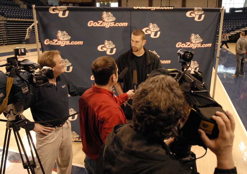 Josh Heytvelt speaks to the media at a press conference Sunday, March 15, 2009, after it was announced that the Bulldogs will play the Akron Zips in the first-round of the NCAA mens basketball tournament. (J. Bart Rayniak / The Spokesman-Review)