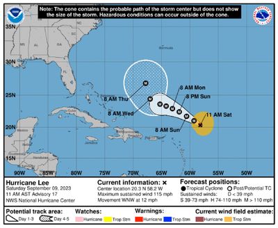 Hurricane Lee should maintain its strength as a Category 3 hurricane Saturday, and is expected to strengthen again into a major hurricane by Monday. (National Hurricane Center/TNS)  (National Hurricane Center/National Hurricane Center/TNS)