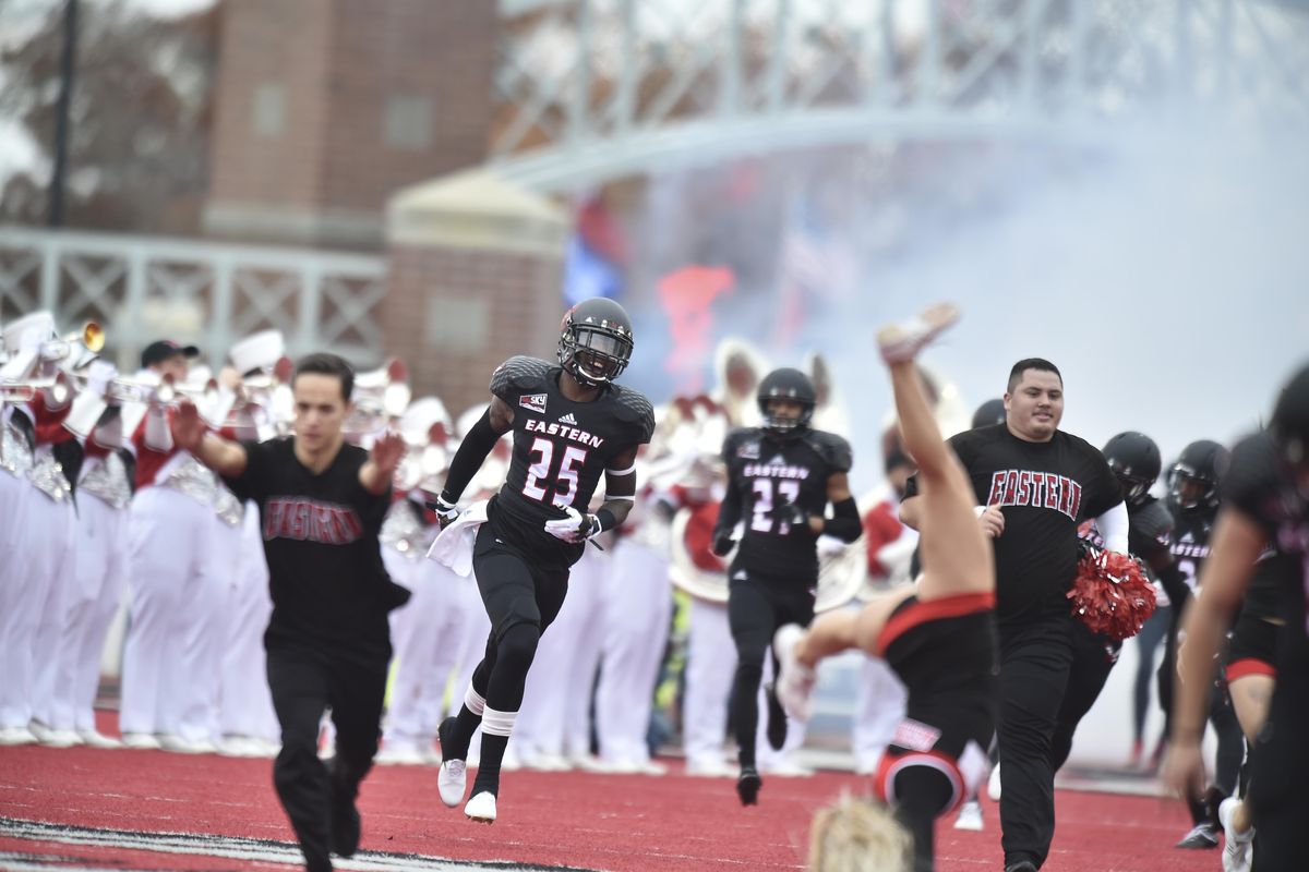 Eastern Washington takes the field against Montana during a college football game on Saturday, Oct 29, 2016, at Roos Field in Cheney, Wash. (Tyler Tjomsland / The Spokesman-Review)
