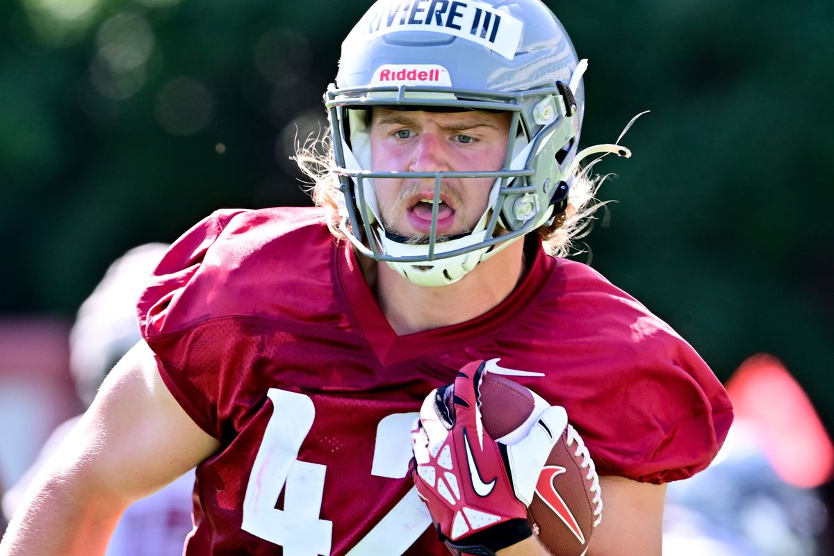 Washington State Cougars tight end Billy Riviere III (42) runs the ball during the first of WSU’s fall practices on Wednesday, Aug. 2, 2023, at WSU’s Rogers Practice Field in Pullman, Wash.  (Tyler Tjomsland/The Spokesman-Review)