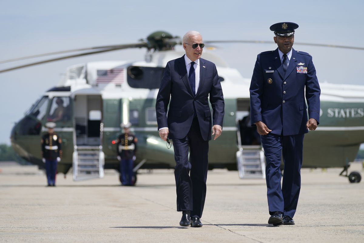 President Joe Biden arrives to board Air Force One for a trip to Tulsa, Okla., to mark the 100th anniversary of the Tulsa race massacre, Tuesday, June 1, 2021, in Andrews Air Force Base, Md.  (Evan Vucci)