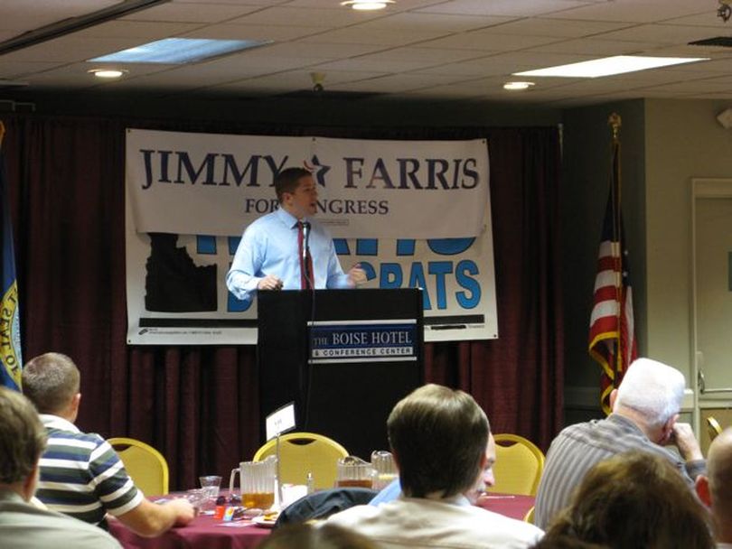 Democratic 1st District congressional candidate Jimmy Farris addresses the Idaho Democratic Party state convention in Boise on Friday. (Betsy Russell)
