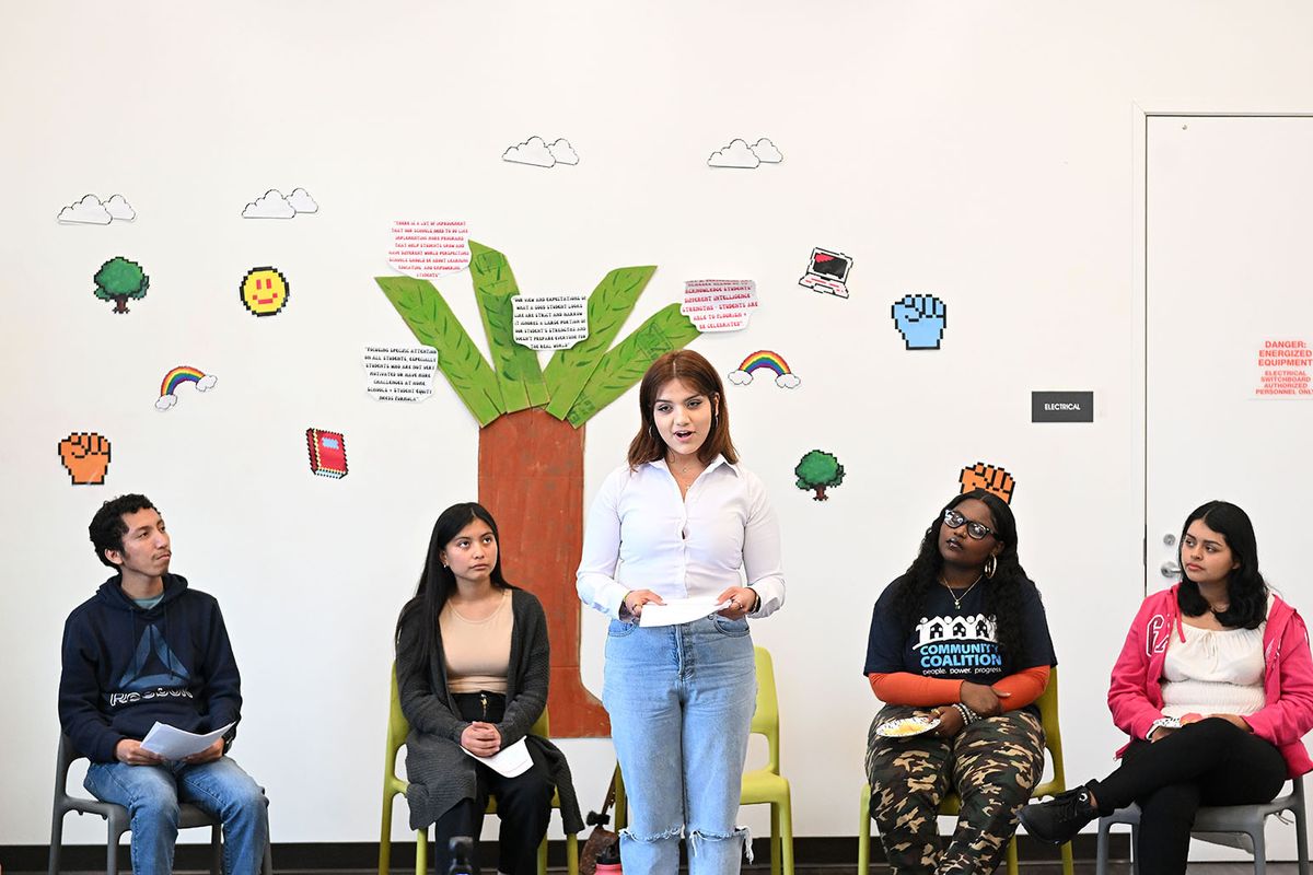 LAUSD graduating senior Estrella Salazar speaks about her high school years during the pandemic at the InnerCity Struggle office in Los Angeles.    (Wally Skalij/Los Angeles Times/TNS)