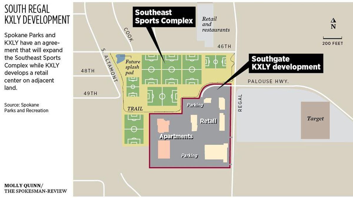 A plot of land known as the KXLY site on Regal Street near the Palouse Highway is slated is slated to be turned into apartments, retail shopping, parking lots and soccer field improvements with a few years. (Molly Quinn / The Spokesman-Review)