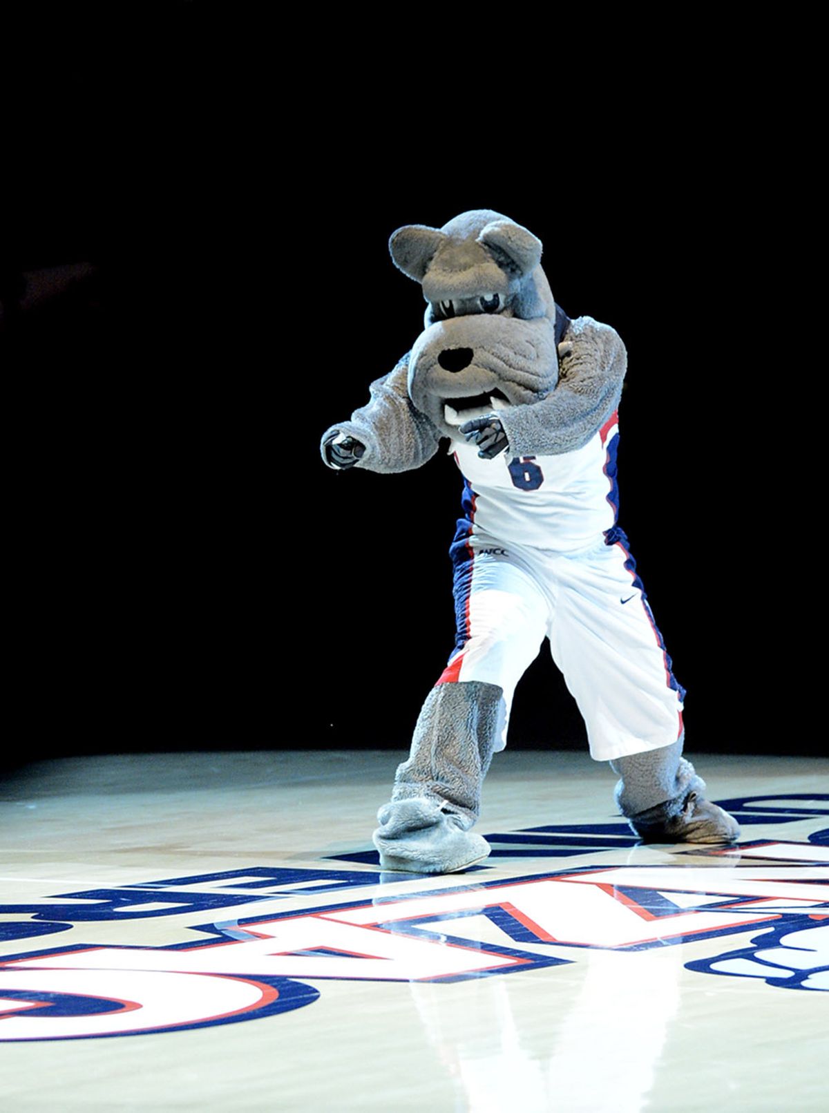 Spike, Gonzaga University’s mascot, helps introduce the players at the start of a women’s basketball game against Saint Mary’s on Feb. 14, 2013, in the McCarthey Athletic Center. (FILE)