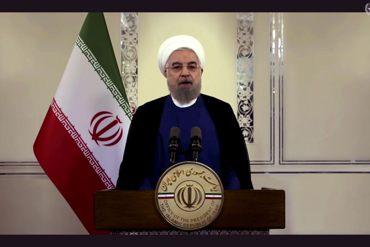 In this image made from UNTV video, Iranian President Hassan Rouhani speaks in a pre-recorded message which was played during the 75th session of the United Nations General Assembly, Tuesday, Sept. 22, 2020, at UN headquarters in New York. The U.N.