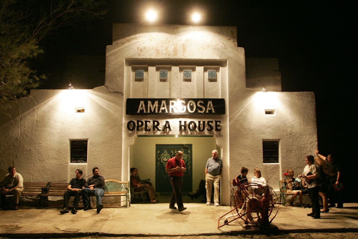Patrons wait for the doors to open at the Amargosa Opera House in Death Valley Junction, Calif., to see a performance. The town once thrived while a local borax mine and railroad were still in operation. By the late 1920s, the town was little more than a tourist stop on the way to the park. Today most of the buildings are gone but the town remains a draw thanks to a hotel and the restored opera house. (Associated Press)