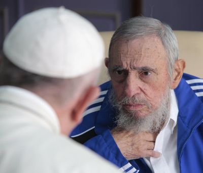 Pope Francis meets Fidel Castro in Havana, Cuba, Sunday. The Vatican described the 40-minute meeting at Castro's residence as informal and familial, with an exchange of books. (AP Photo/Alex Castro)