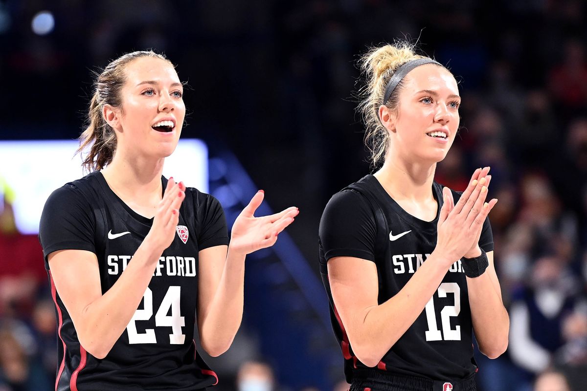 Former Central Valley High School basketball stars, Stanford guard Lacie Hull (24) and Stanford guard Lexie Hull (12) take the court before their NCAA college basketball game with Gonzaga, Sunday, Nov. 21, 2021, in the McCarthey Athletic Center.  (COLIN MULVANY/THE SPOKESMAN-REVIEW)