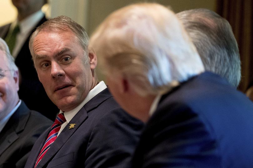 In this June 12, 2017, file photo, Interior Secretary Ryan Zinke, left, listens as President Donald Trump speaks during a Cabinet meeting in the Cabinet Room of the White House in Washington. Zinke said Monday, Sept. 25, that nearly one-third of employees at his department are not loyal to him and Trump. (Andrew Harnik / Associated Press)
