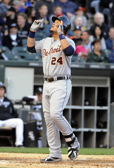 Tigers’ Miguel Cabrera, on the disabled list since July 4 with a left calf strain, leads American League with .350 batting average. (Associated Press)