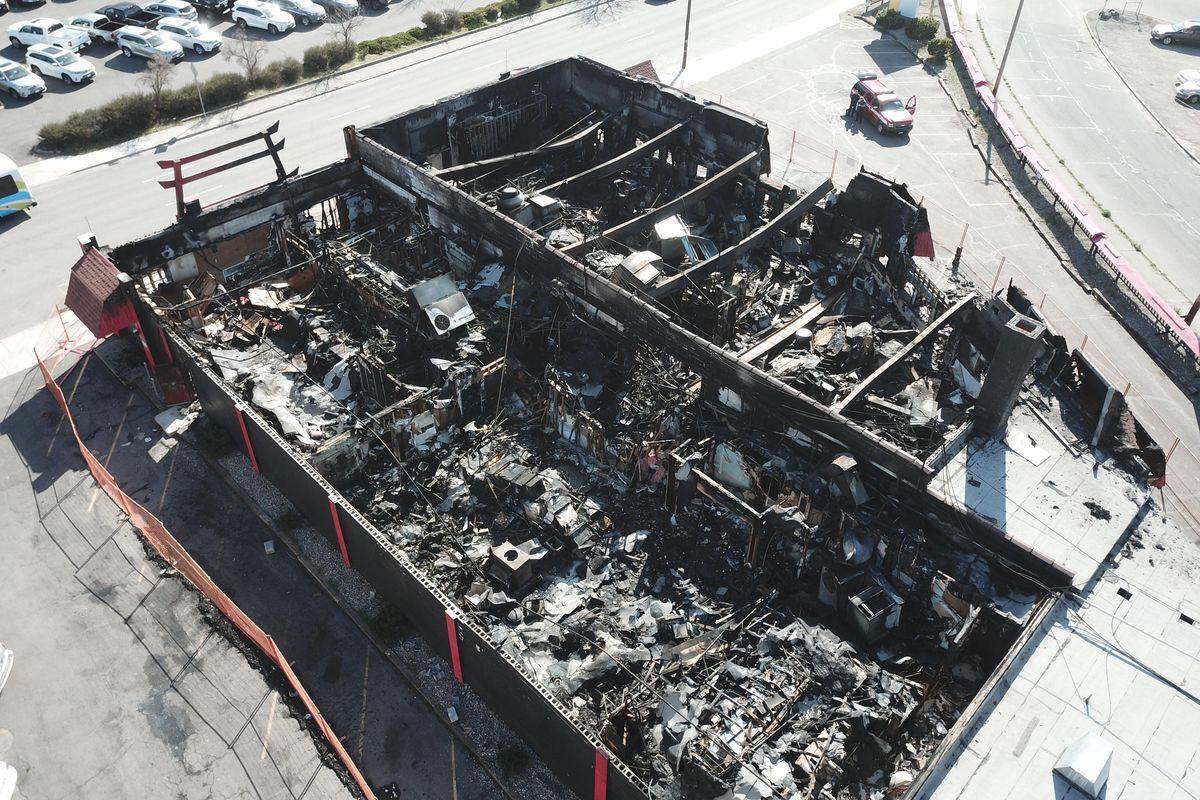 Aerial imagery showing the extent of damage done to the Shogun restaurant during an early morning fire on April 22, 2018. (Spokane Fire Department)
