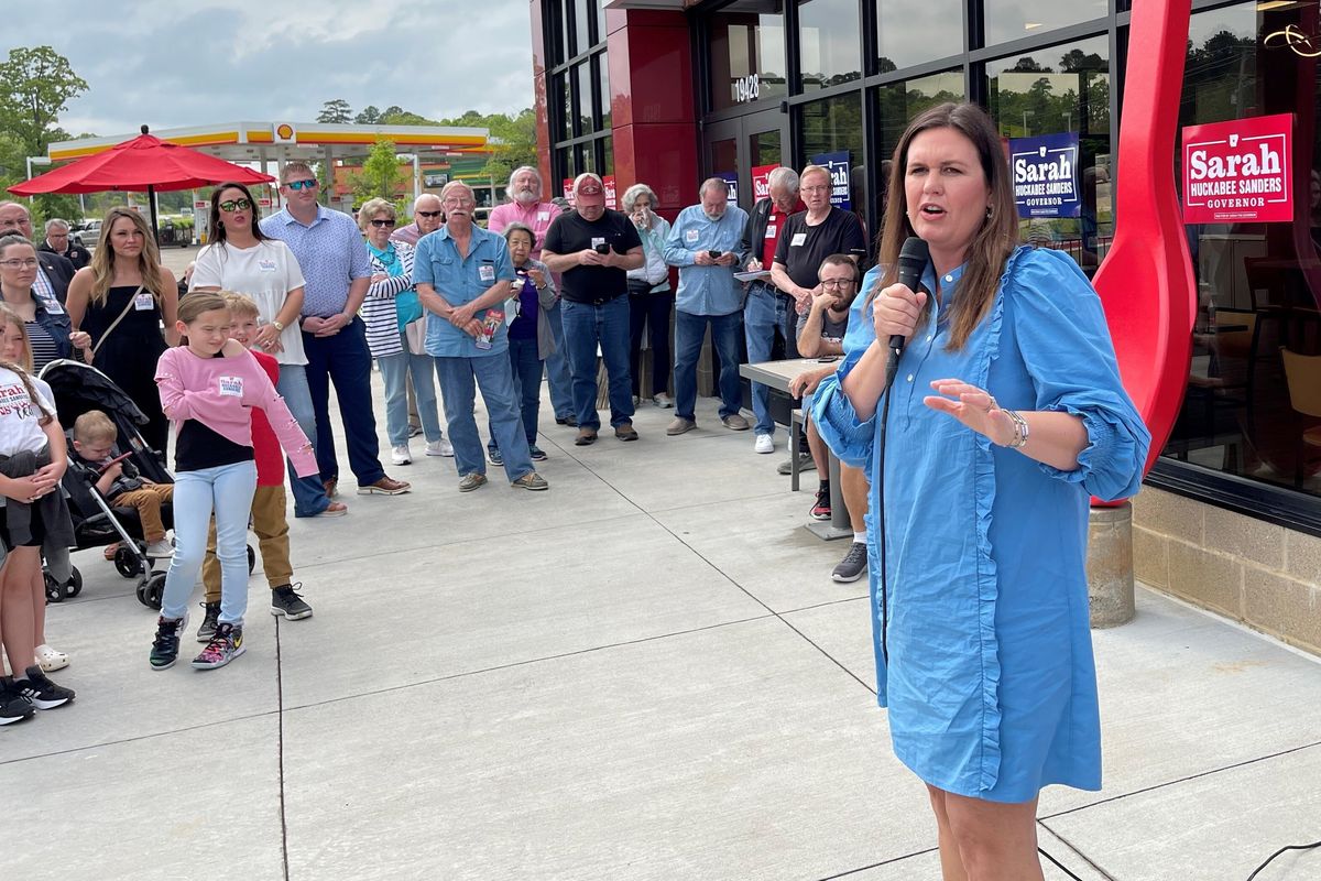 Former White House Press Secretary Sarah Sanders speaks at a campaign stop at a Dairy Queen in Little Rock, Ark., Monday, May 2, 2022. Sanders is seeking the Republican nomination for governor in the Arkansas primary.  (Andrew DeMillo)