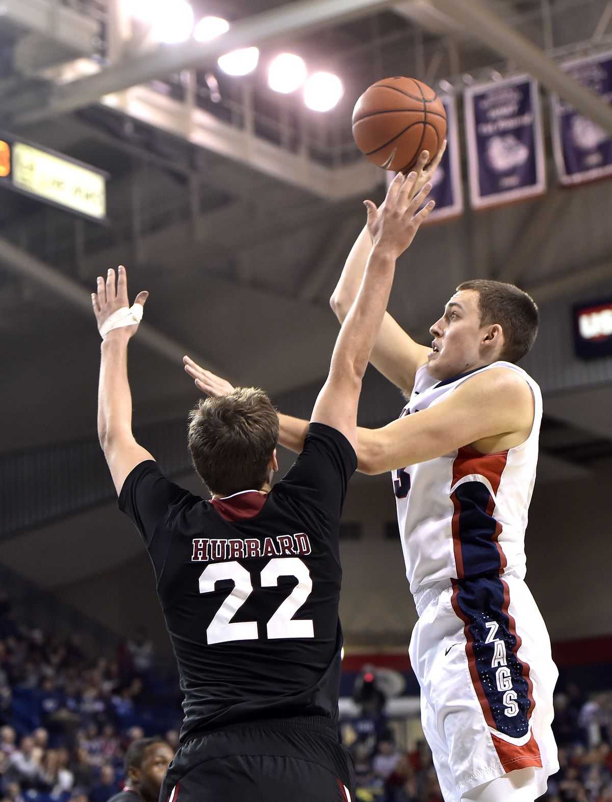 GU’s Kyle Wiltjer shoots over SC’s Matt Hubbard. (Tyler Tjomsland)