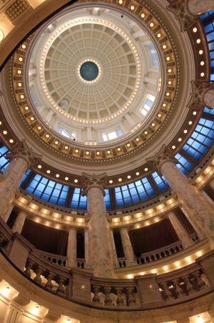 The renovated Capitol dome is seen inside the Idaho statehouse in Boise on Dec. 11. The $122.5 million expansion and renovation is nearing completion after two years.  (Associated Press)