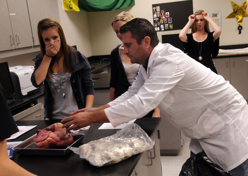 Central Valley sophomore Madie Laws, left, and junior Meaghan Schmidt, right, react as teacher Bill Plesek places a beef heart on a dissecting tray. School districts throughout the region are kicking off a new career and technical program focusing on biomedicine and other scientific areas through a program called Project Lead the Way. (J. Bart Rayniak)