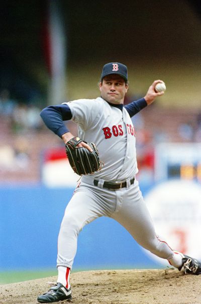 Boston Red Sox pitcher Matt Young works in game against the Indians in Cleveland on April 12, 1992. Young pitched eight innings of no-hit ball but lost the game 2-1. Because of a rules committee decision, Young does not get credit for the no-hitter, even though he pitched a complete game. (Mark Duncan / Associated Press)