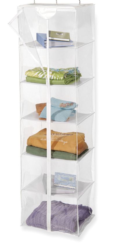 Bed, Bath & Beyond’s clear vinyl six-shelf sweater rack with ventilated cover tucks nicely into a tight closet. (Associated Press)