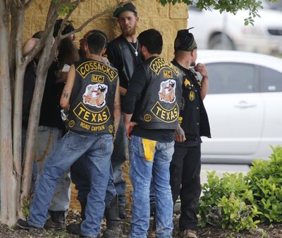 Bikers congregate Sunday while authorities investigate the fatal brawl in Waco, Texas. (Associated Press)