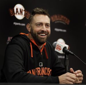 San Francisco Giants pitcher Jeremy Affeldt smiles during a media conference Thursday, Oct. 1, 2015, in San Francisco. Affeldt, who has played 14 seasons in the Majors, including the last seven with the Giants, has announced he will retire following the 2015 season. (AP Photo/Ben Margot) 