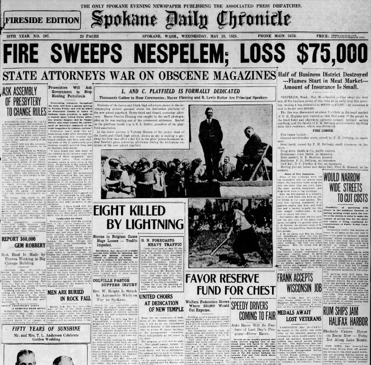 A devastating fire destroyed half of the business district of Nespelem, the Spokane Daily Chronicle reported on May 20, 1925.  (Spokesman-Review archives)