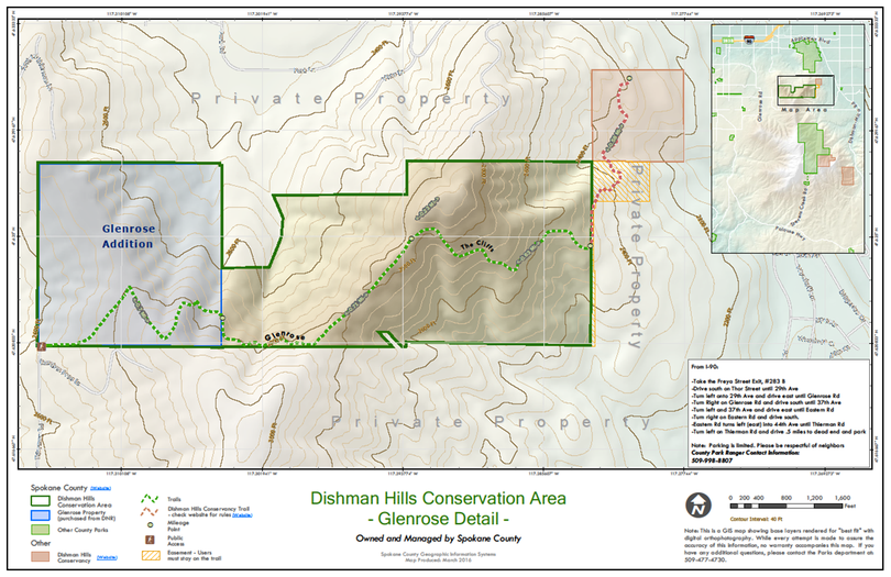 The 160-acre Glenrose property was transferred on March 29, 2016, from the Washington Department of Natural Resources to Spokane County as an addition to the Dishman Hills Conservation Area.