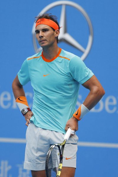 Rafael Nadal of Spain reacts after a missed shot against Peter Gojowczyk during the China Open on Thursday. (Associated Press)