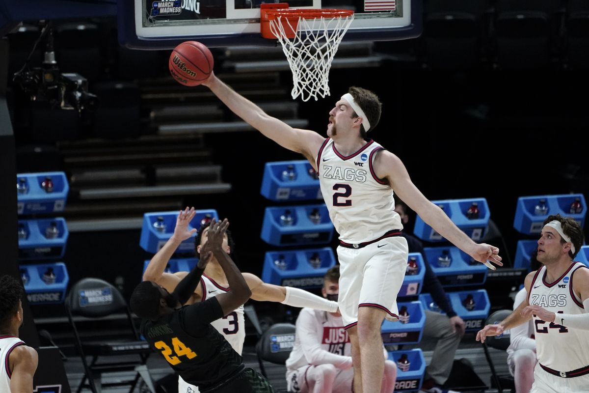 Gonzaga forward Drew Timme (2) blocks a Norfolk State guard Jalen Hawkins (24) shot during the first half of a men