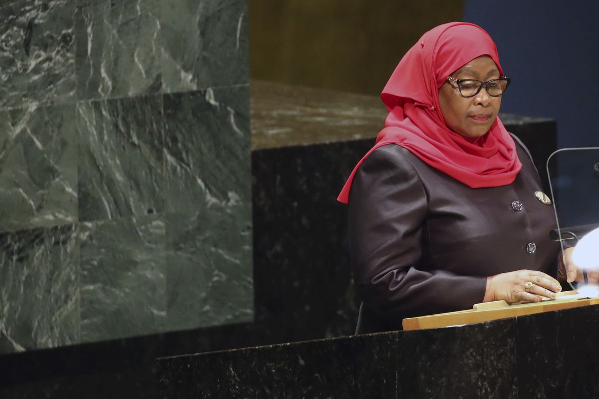 The President of Tanzania, Samia Suluhu Hassan addresses the 76th Session of the U.N. General Assembly at United Nations headquarters in New York, on Thursday, Sept. 23, 2021.  (Spencer Platt)