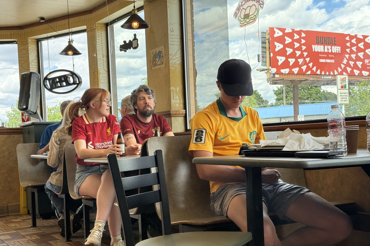Spectators of the 2026 World Cup Egypt v. Australia match chat during a break in play at the Egyptian restaurant Feteers on Friday, July 3, 2026. The Pharoahs won and will advance to the round of 16 after the match went to penalty kicks. (Nick Gibson / The Spokesman-Review)
