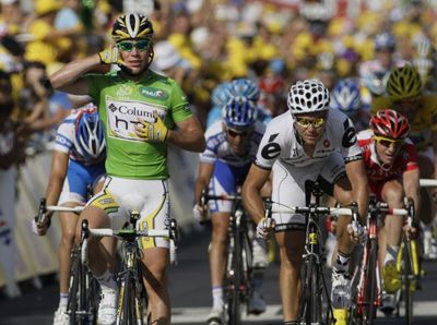 Mark Cavendish of Britain crosses the finish line of third stage.  (Associated Press / The Spokesman-Review)